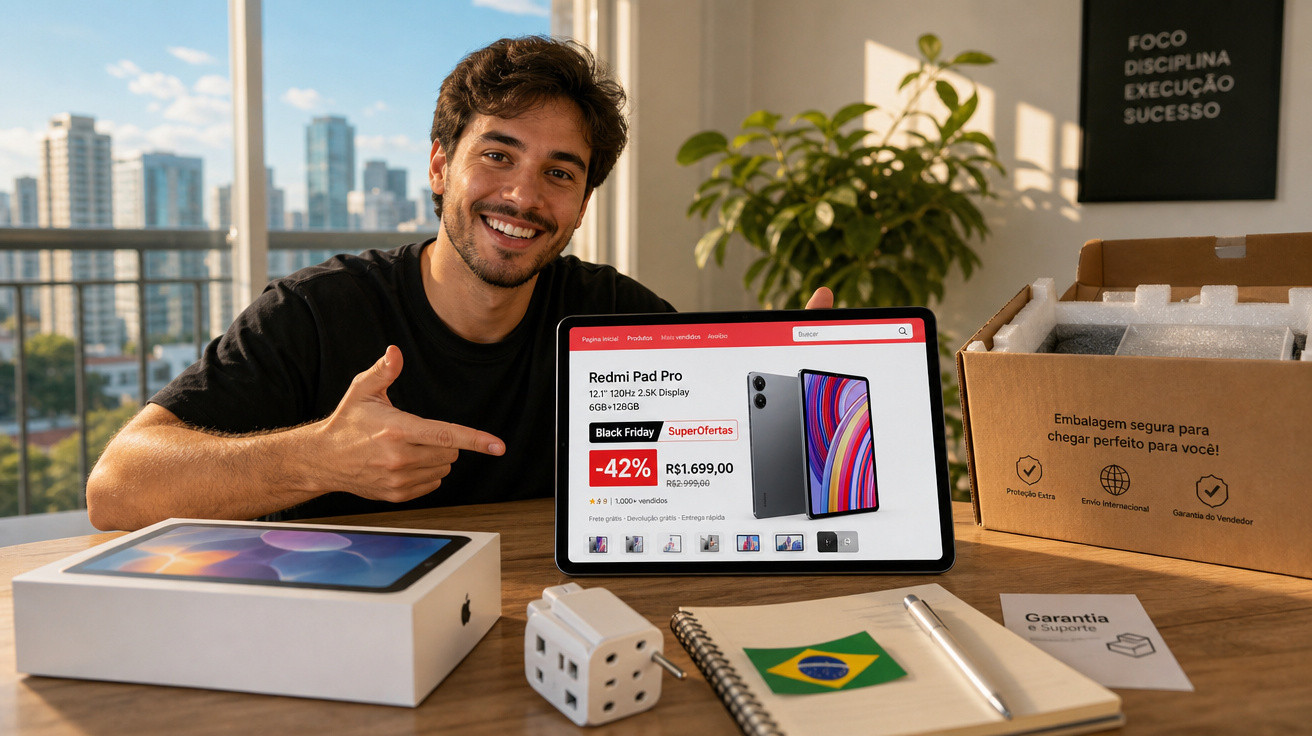 Homem sorridente apontando para tablet com promoção de Redmi Pad Pro em mesa com caixas e caderno.