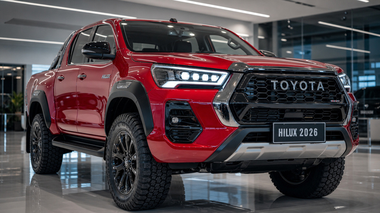 Picape Toyota Hilux 2026 vermelha em showroom, vista frontal com faróis acesos e rodas robustas.
