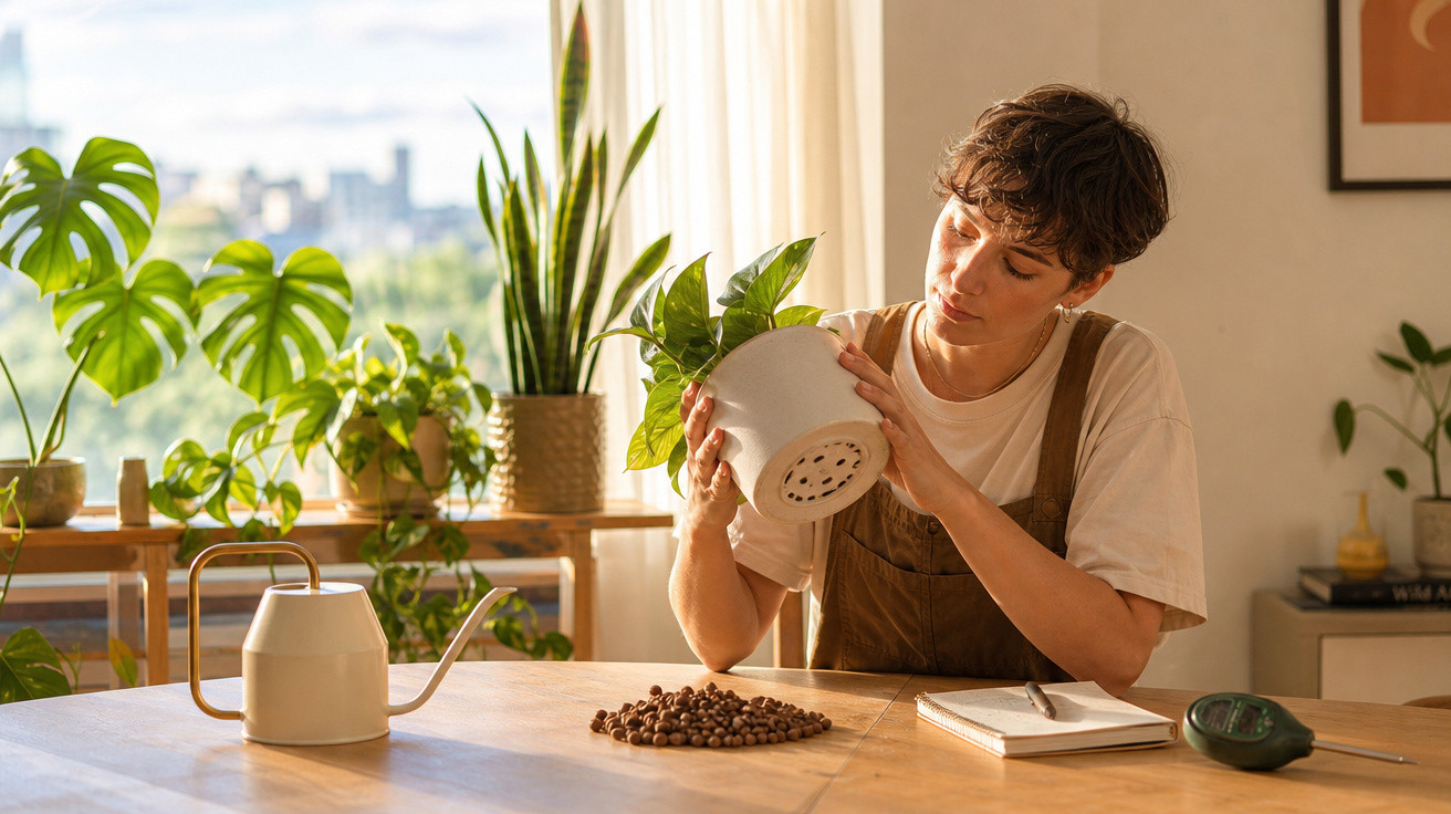 Pessoa regando planta em vaso branco sobre mesa com regador, no ambiente iluminado por luz natural.