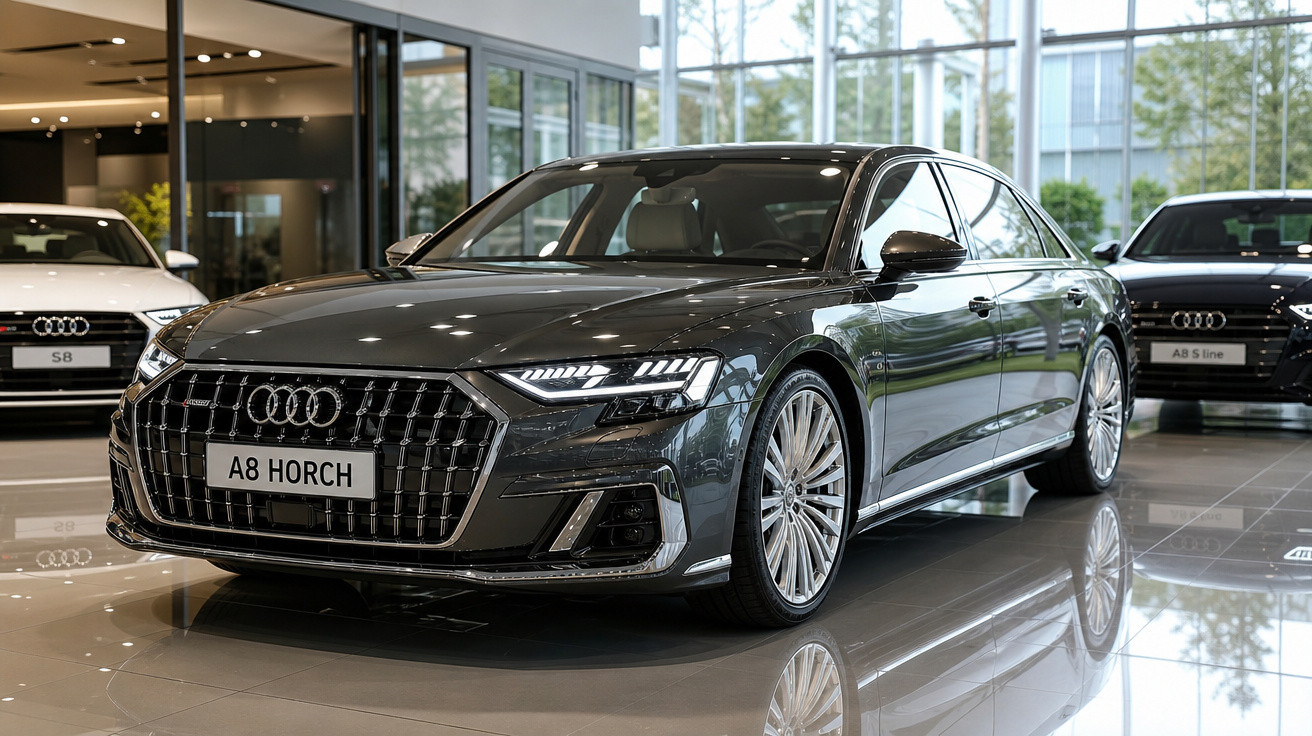 Carro Audi A8 Horch cinza em exposição dentro de concessionária moderna e iluminada.