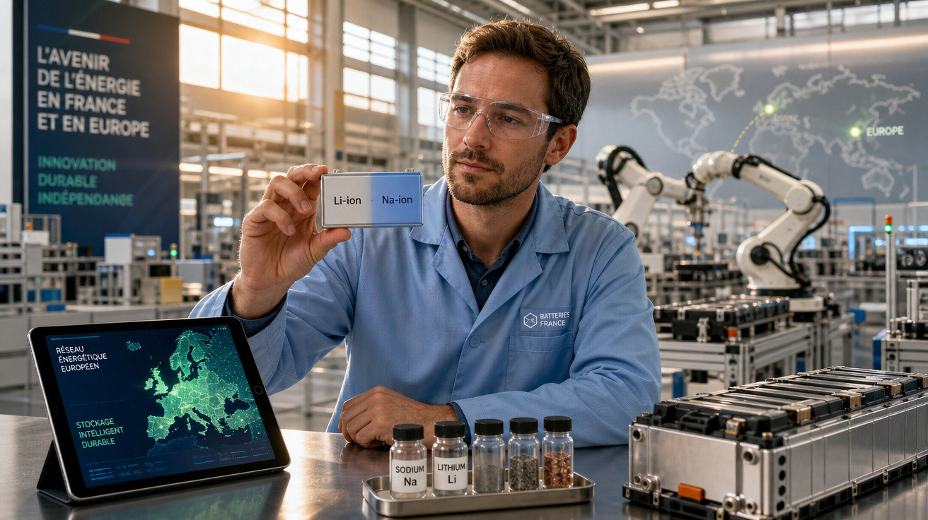 Homem com jaleco azul segura bateria comparando Li-ion e Na-ion em fábrica com robôs industriais ao fundo.