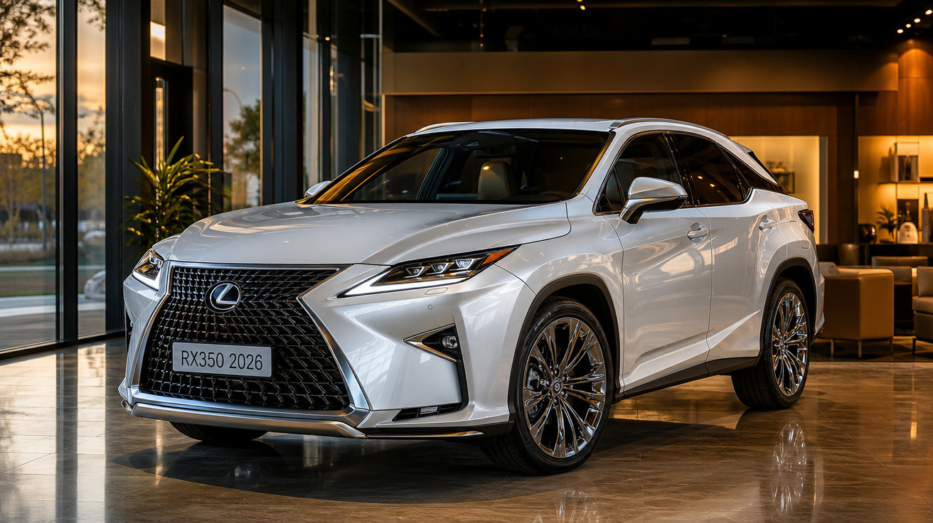 SUV Lexus RX350 2026 branco exibido em showroom com design moderno e rodas cromadas.