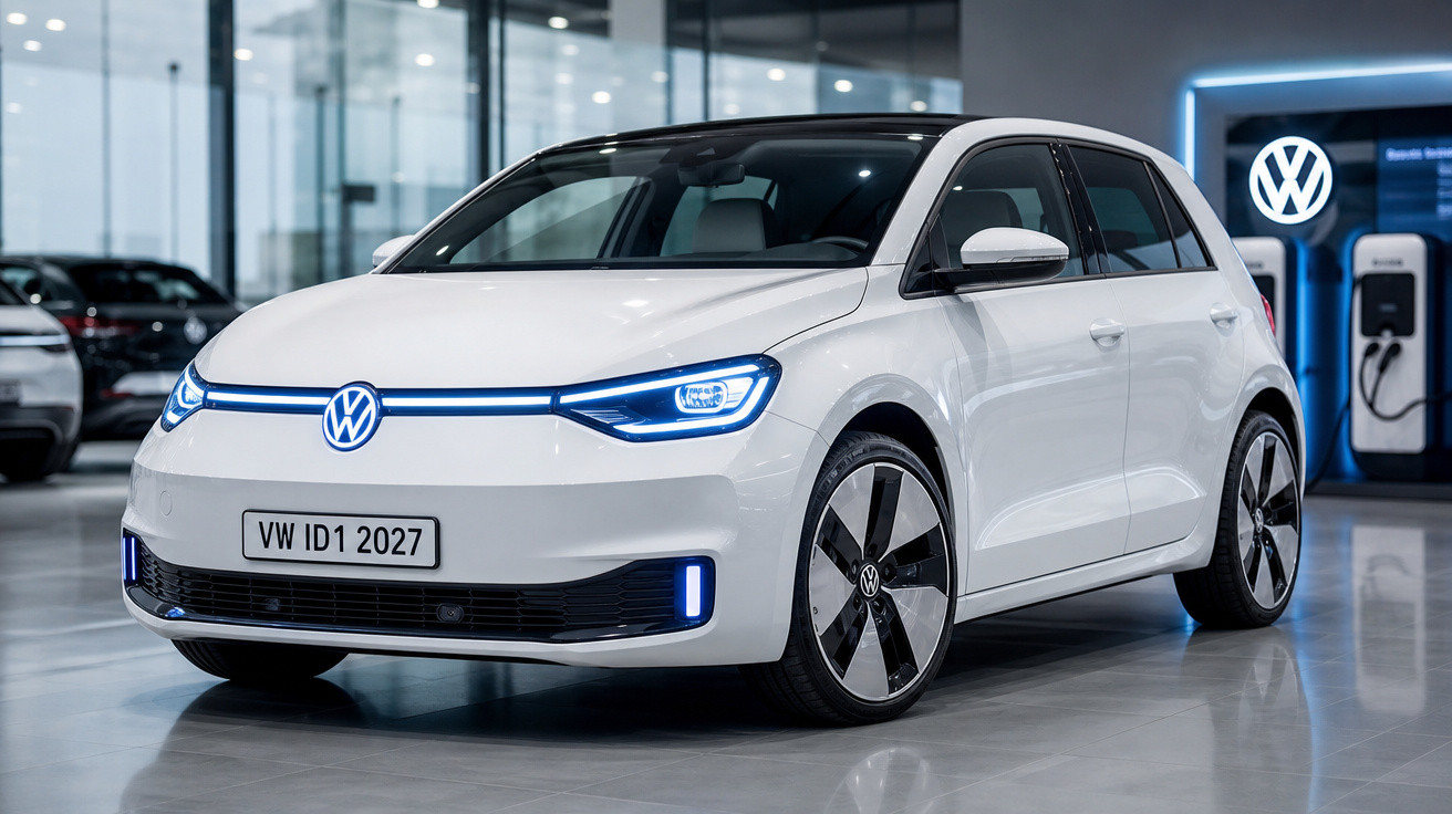 Carro elétrico branco Volkswagen ID.1 2027 em exposição com luzes LED azuis ligadas.