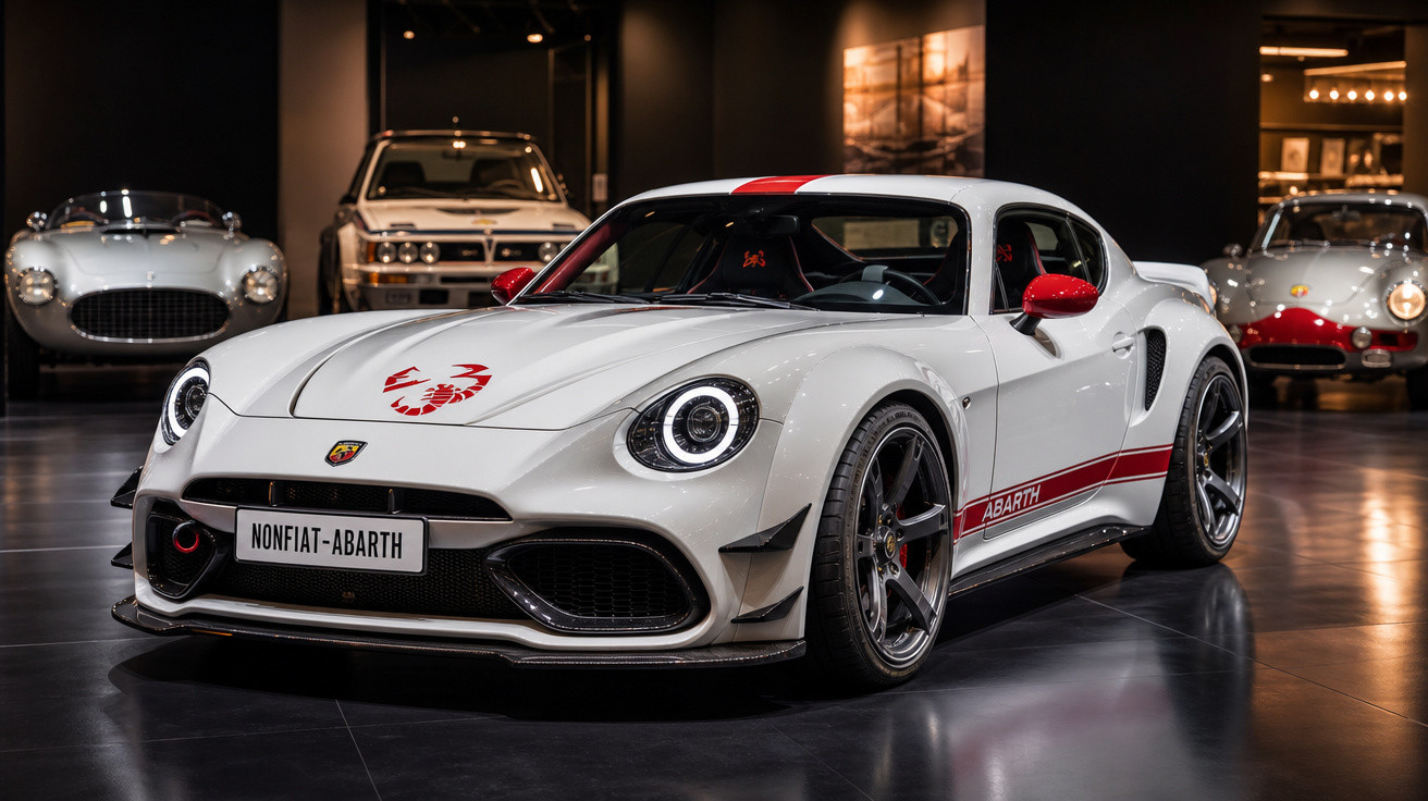 Carro esportivo branco com detalhes vermelhos da marca Abarth exibido em museu de automóveis.