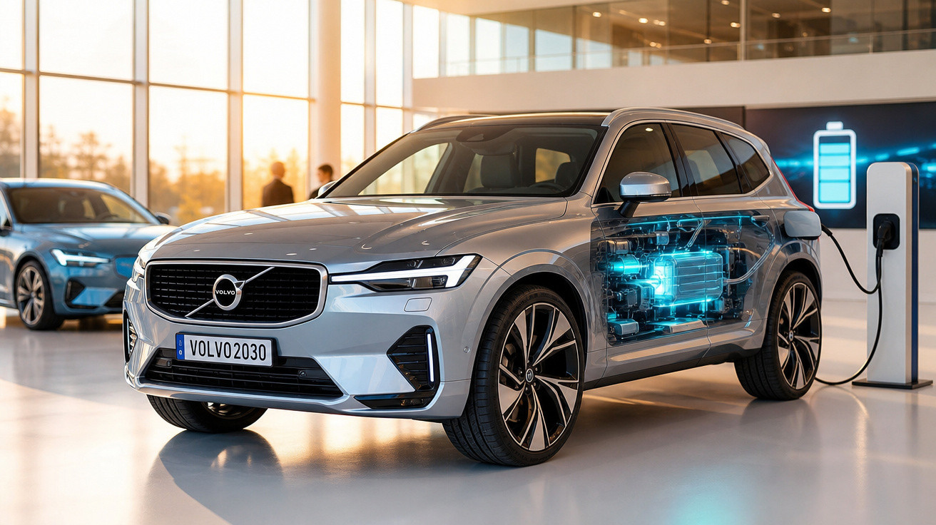 Carro elétrico Volvo prata sendo carregado, com destaque no motor elétrico transparente, em showroom moderno.