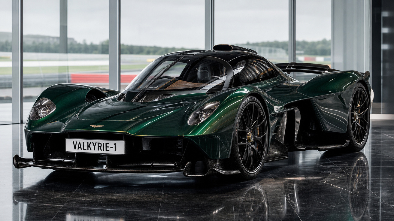 Carro esportivo Aston Martin Valkyrie verde escuro em ambiente interno com piso e janelas reflexivas.
