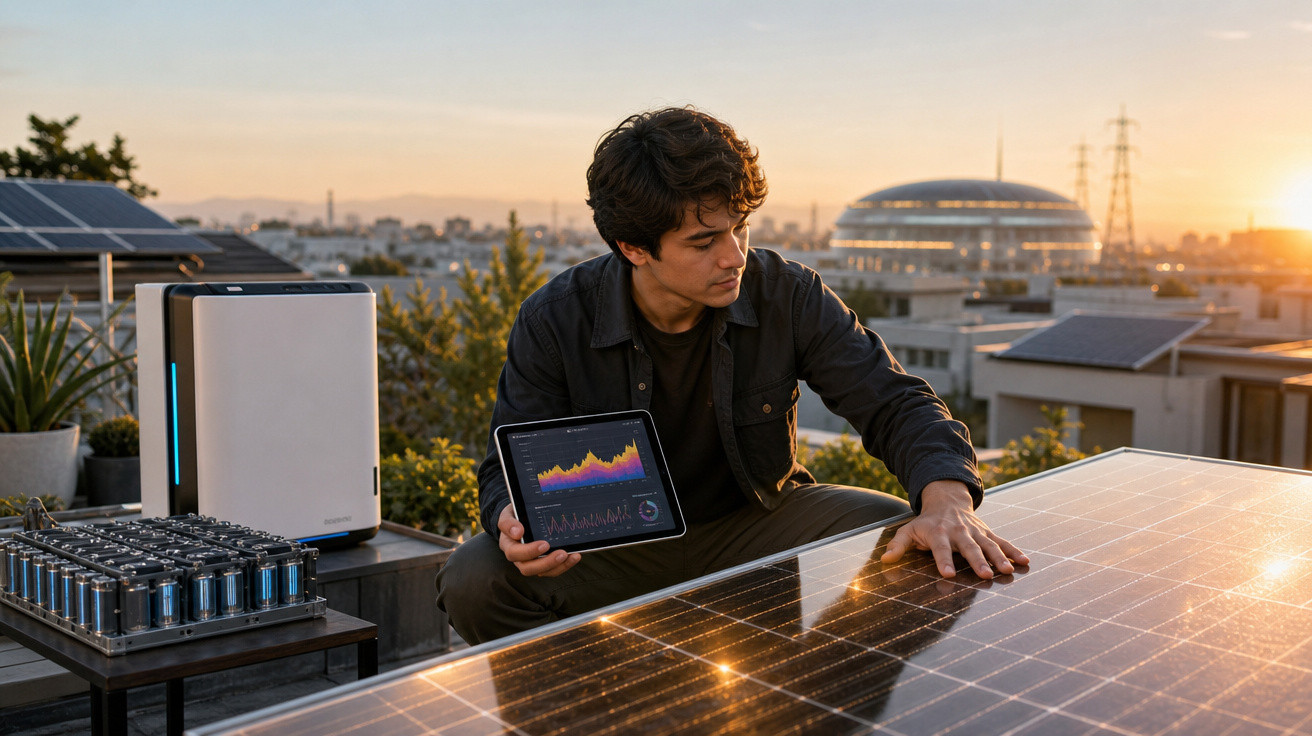 Homem analisa painel solar com tablet em área externa ao pôr do sol, ao lado de baterias e equipamento.