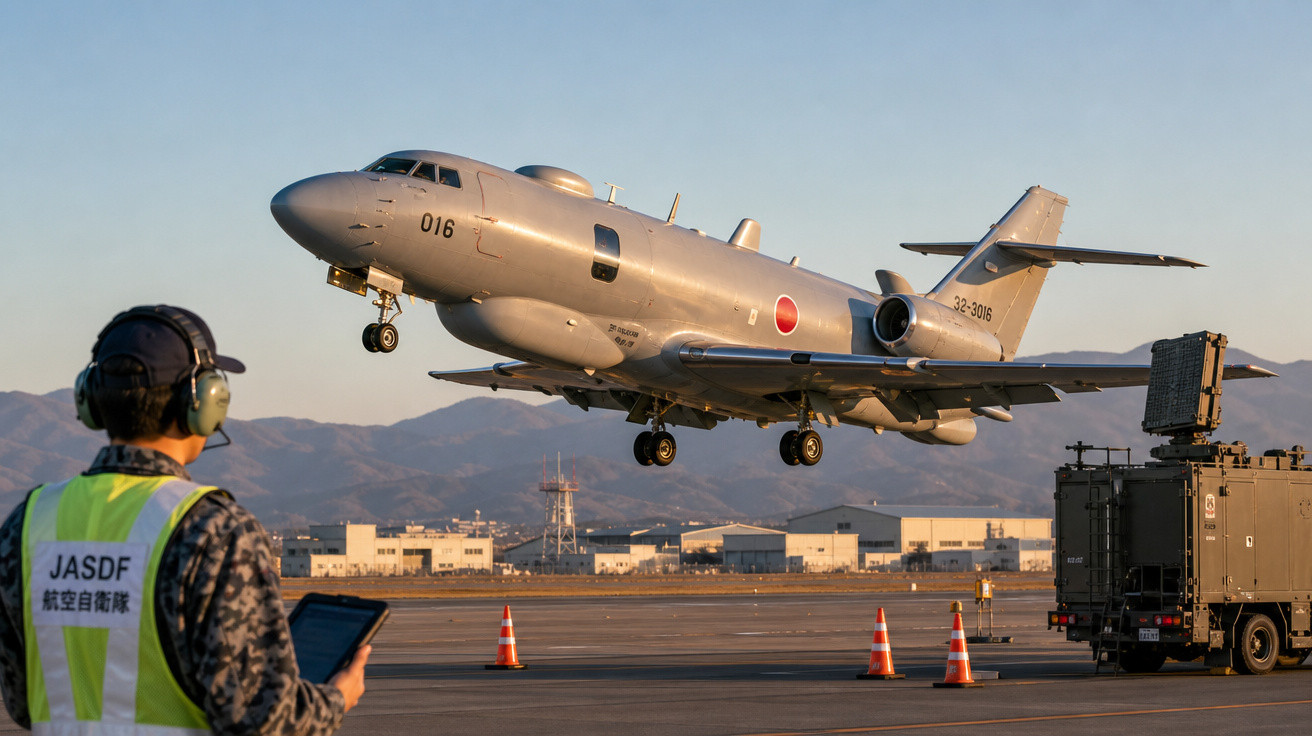 Avião militar japonês decolando enquanto um militar observa com tablet em pista ao entardecer.