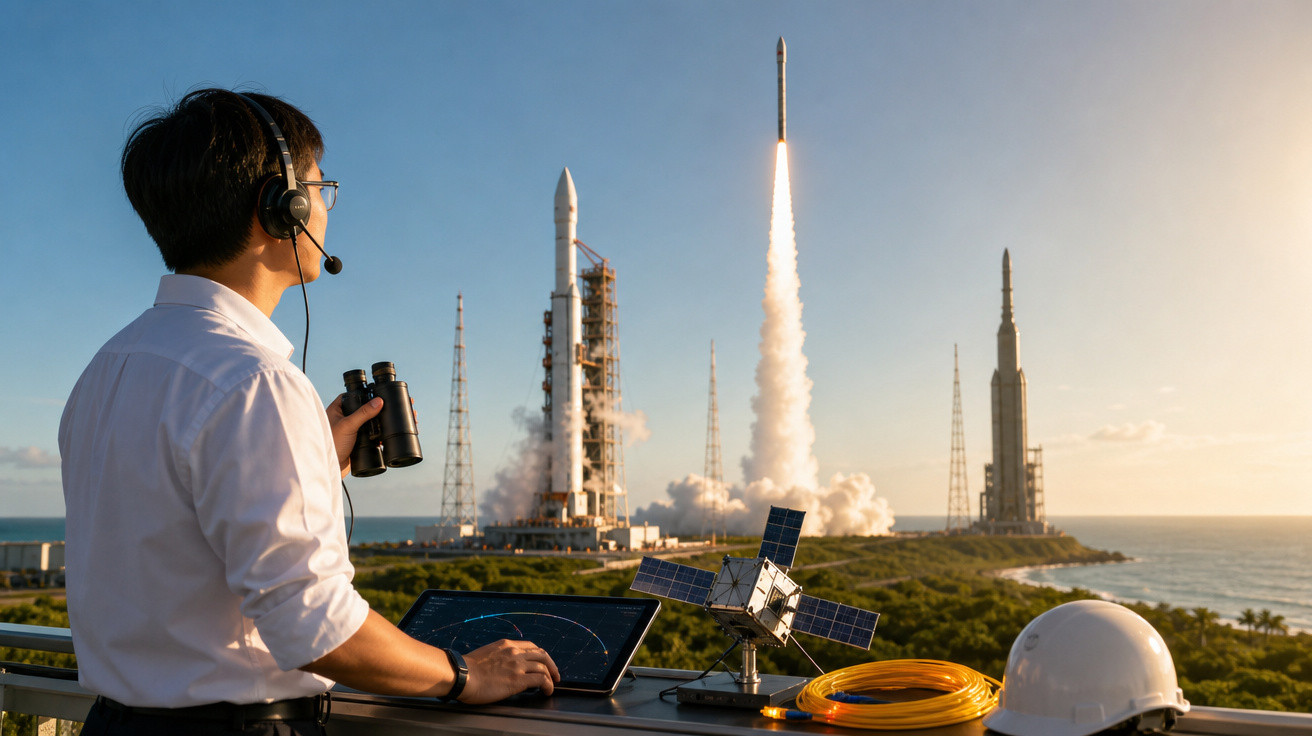 Profissional com binóculos e headset observando lançamento de foguete com satélite e capacete à frente.