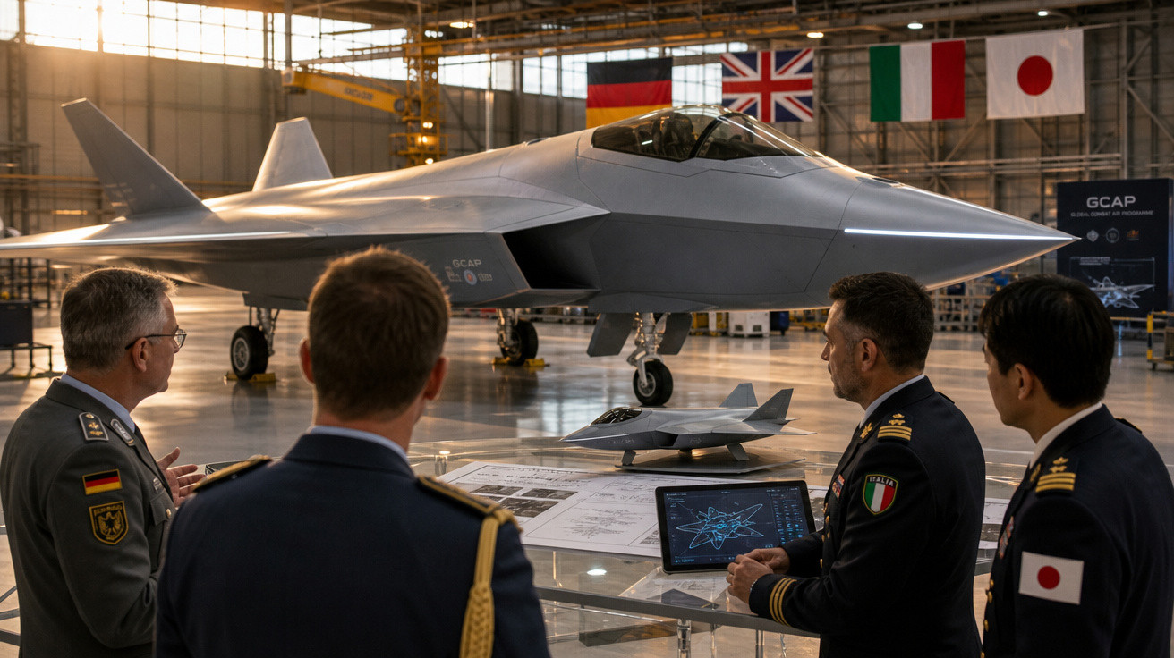 Quatro militares observam jatos furtivos em hangar com bandeiras da Alemanha, Reino Unido, Itália e Japão ao fundo.