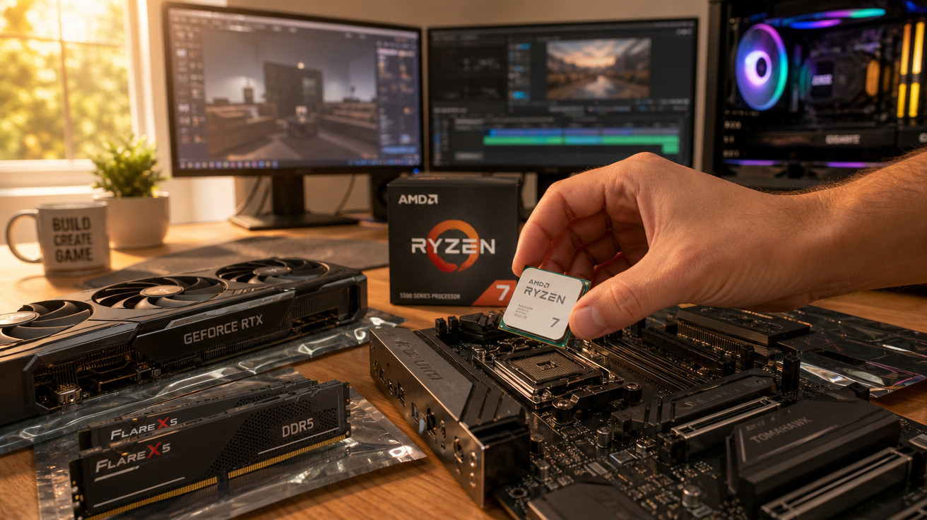 Mão instalando processador AMD Ryzen 7 em placa-mãe, com peças de computador e dois monitores ao fundo.