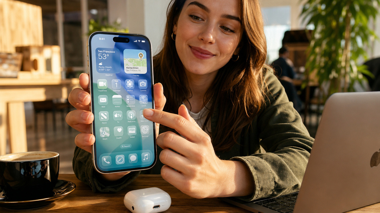 Mulher mostrando tela de iPhone com aplicativos enquanto senta em mesa com laptop e café.