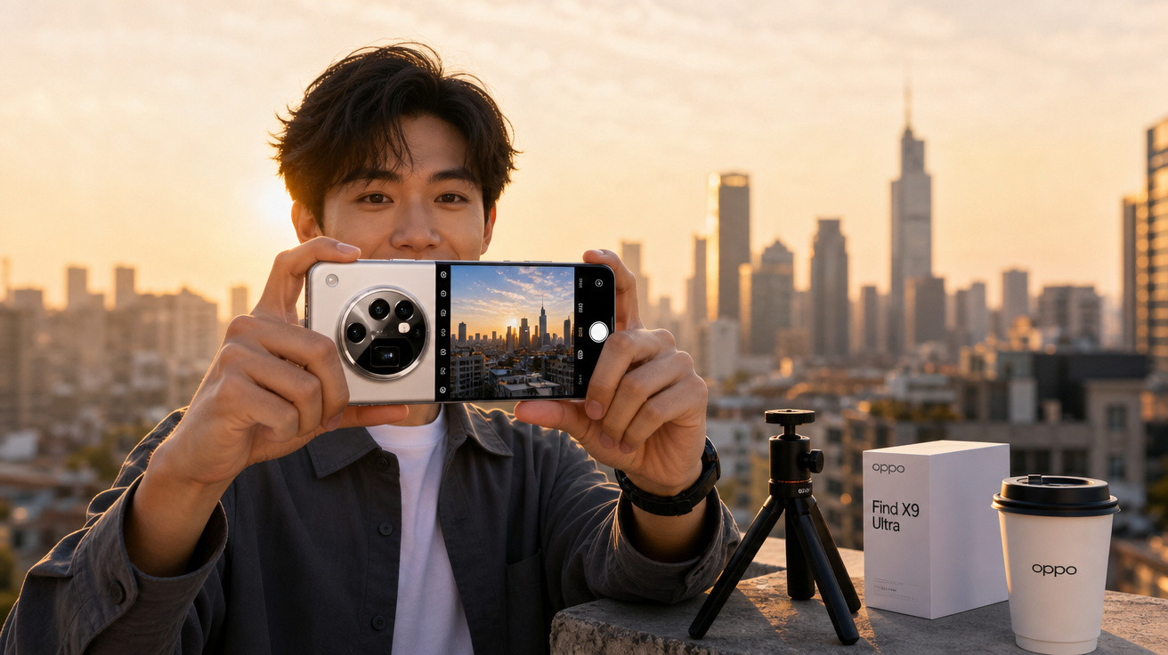 Homem segurando celular para fotografar skyline urbano ao pôr do sol em varanda com caixa e copo da Oppo.