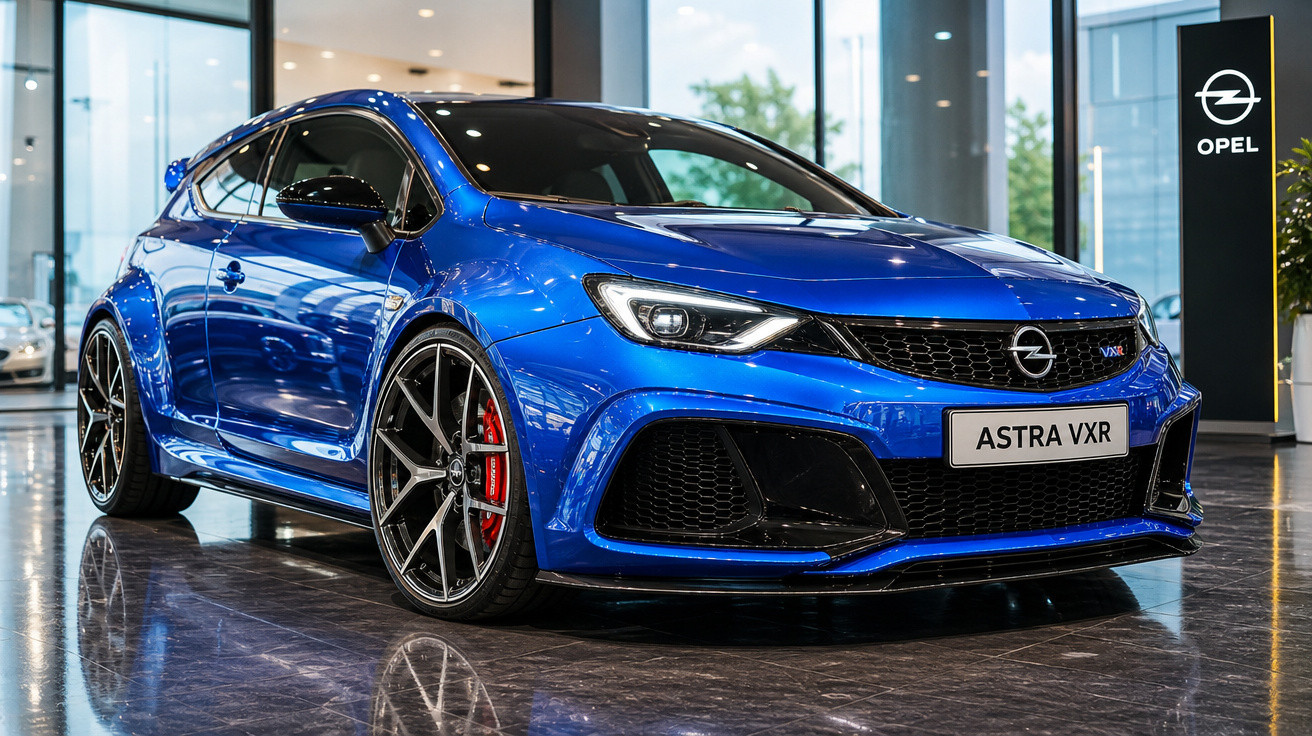 Carro esportivo azul Opel Astra VXR exposto em showroom moderno com piso refletivo.