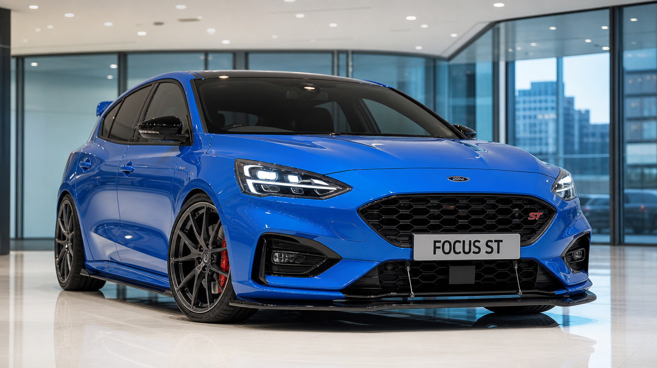 Carro esportivo Ford Focus ST azul estacionado em ambiente interno moderno com vidro ao fundo.