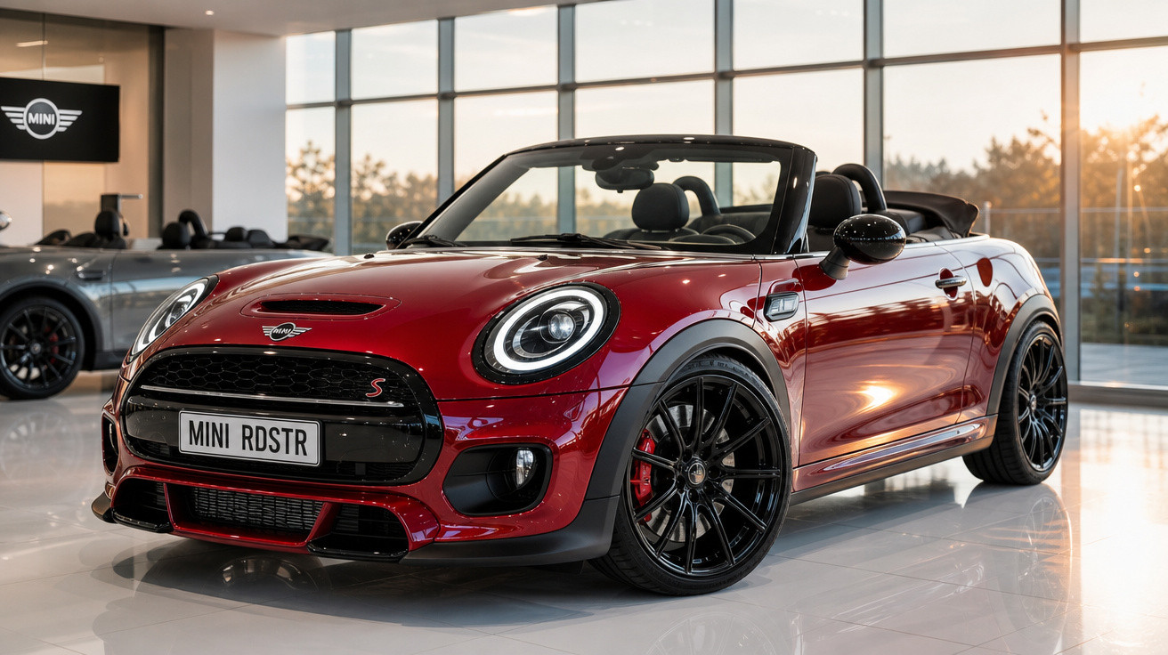 Carro conversível vermelho Mini Cooper S exposto em showroom com luz natural entrando pelas janelas.