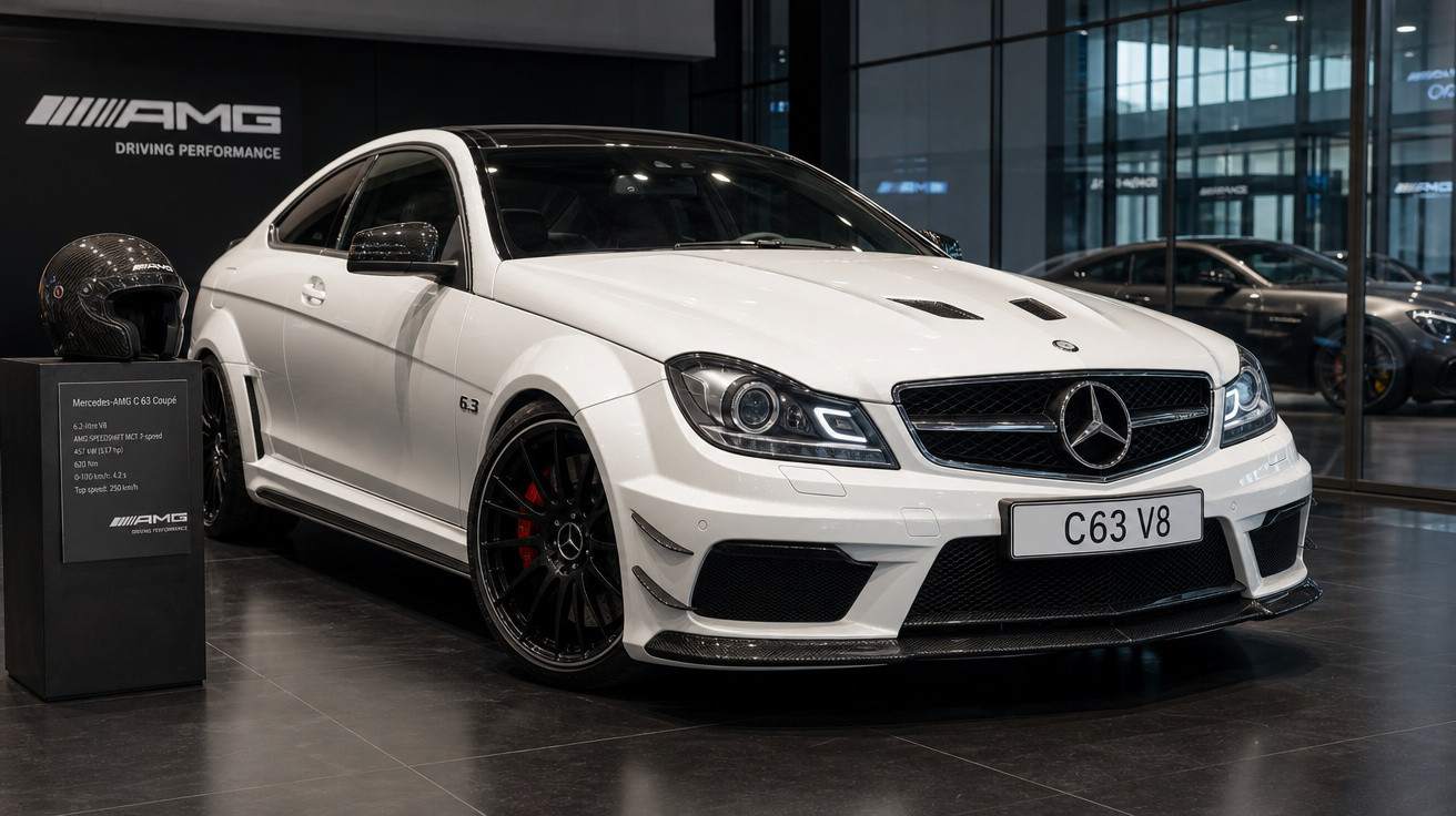 Carro esportivo Mercedes AMG C63 V8 branco em showroom com capacete preto ao lado.