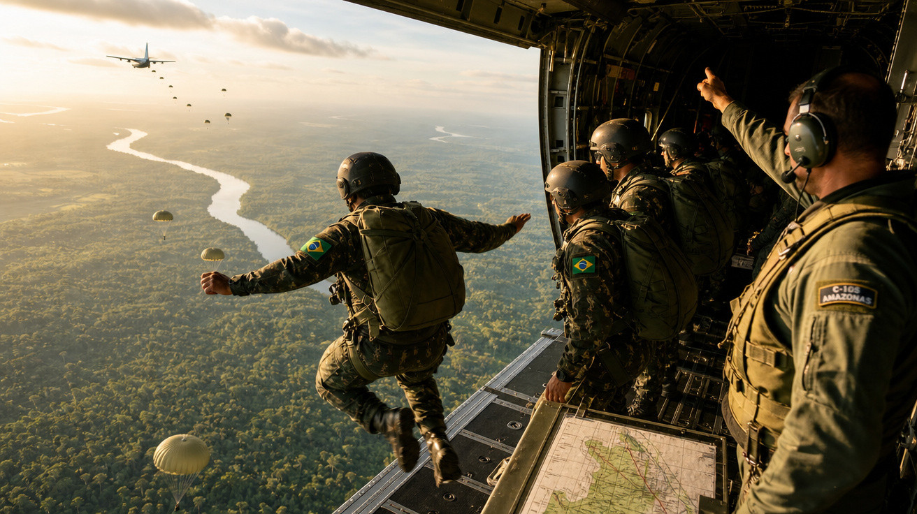 Soldados brasileiros pulando de paraquedas de avião sobre área de floresta durante treinamento militar.