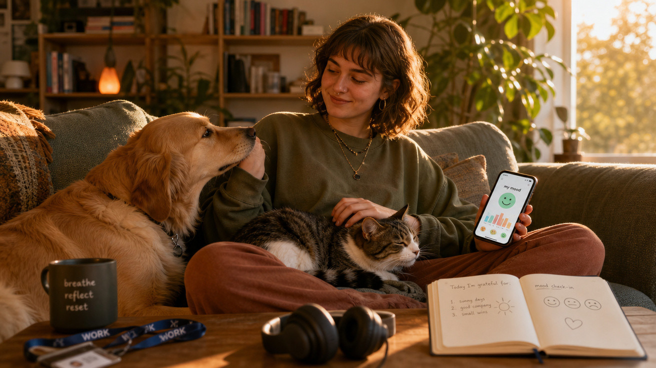 Mulher sentada no sofá com cachorro e gato, mostrando um celular com gráfico de humor.