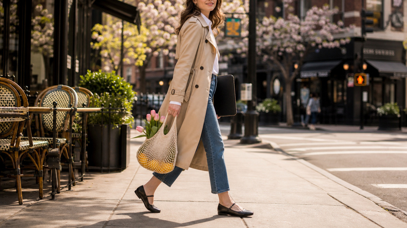 Mulher com trench coat e jeans caminhando na calçada com sacola de rede contendo frutas e flores.