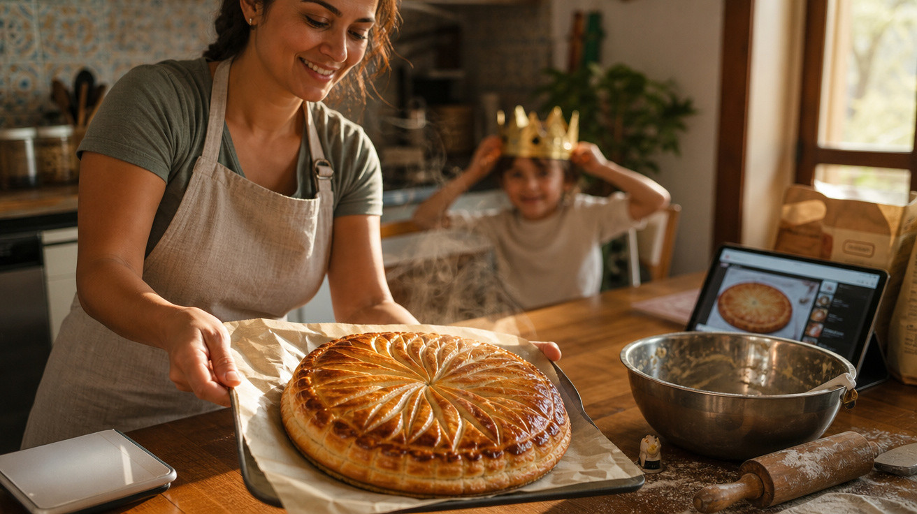 Mulher feliz segurando torta assada enquanto criança usa coroa de papel ao fundo na cozinha.