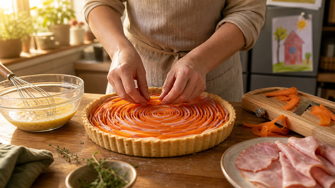 Pessoa montando torta salgado com cenoura em cozinha iluminada, com fiambre, ervas e mistura ao lado.