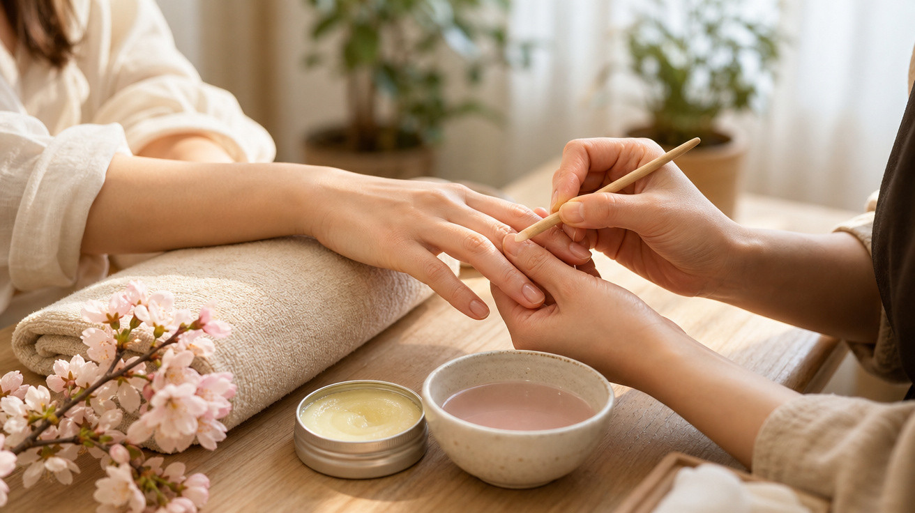 Mãos femininas recebendo manicure com toalha, flores e cremes sobre mesa de madeira iluminada.