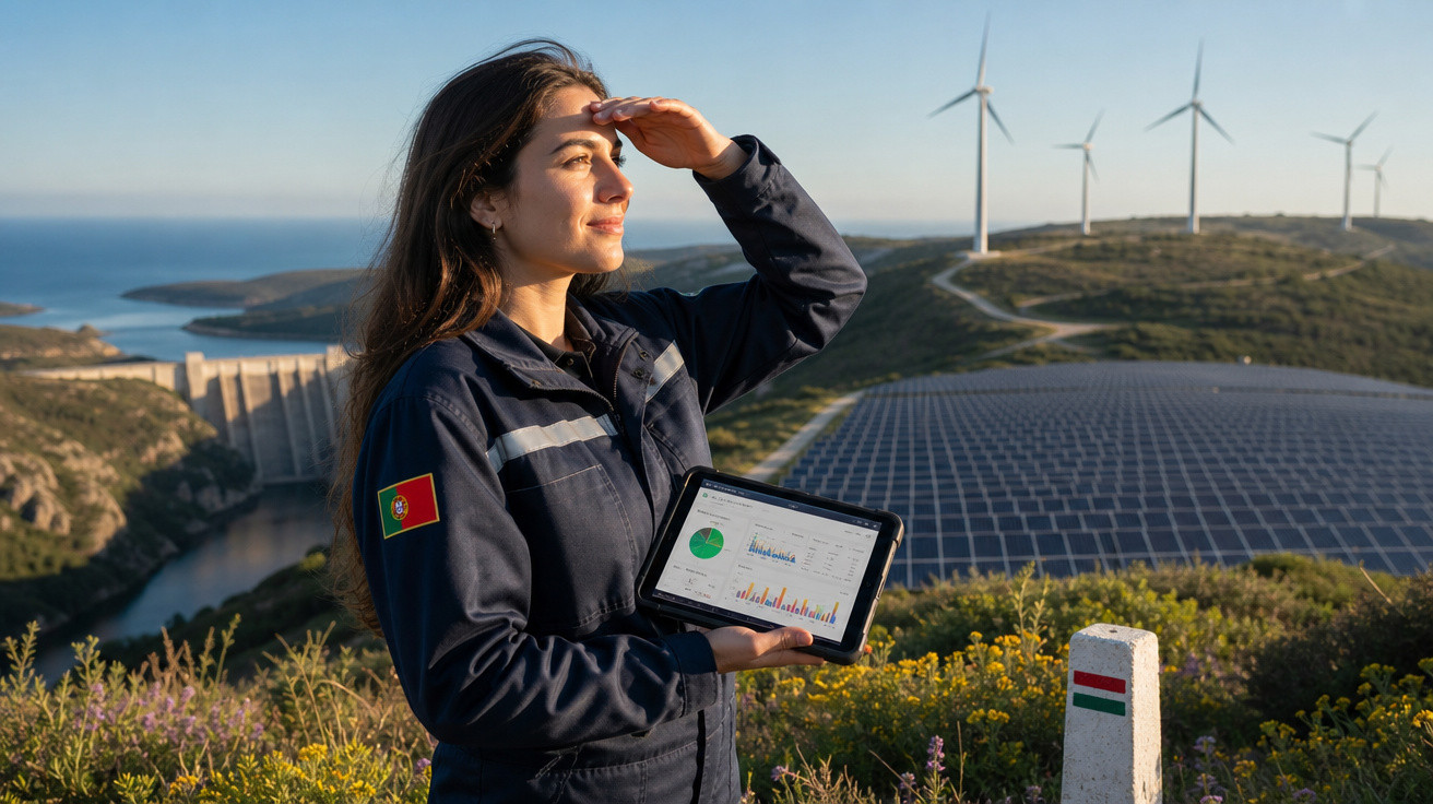 Mulher com uniforme segurando tablet em paisagem com turbinas eólicas e painel solar ao fundo.