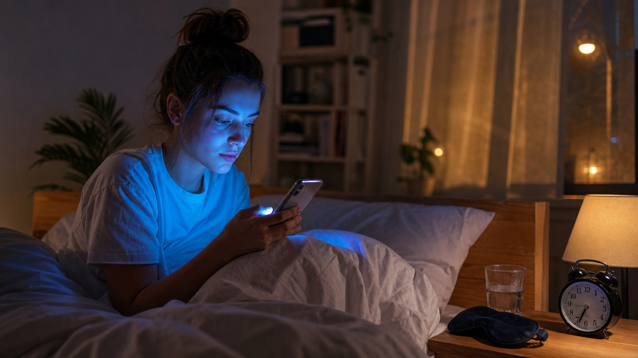 Mulher deitada na cama à noite usando celular, com luminária, copo d'água e despertador na mesa ao lado.