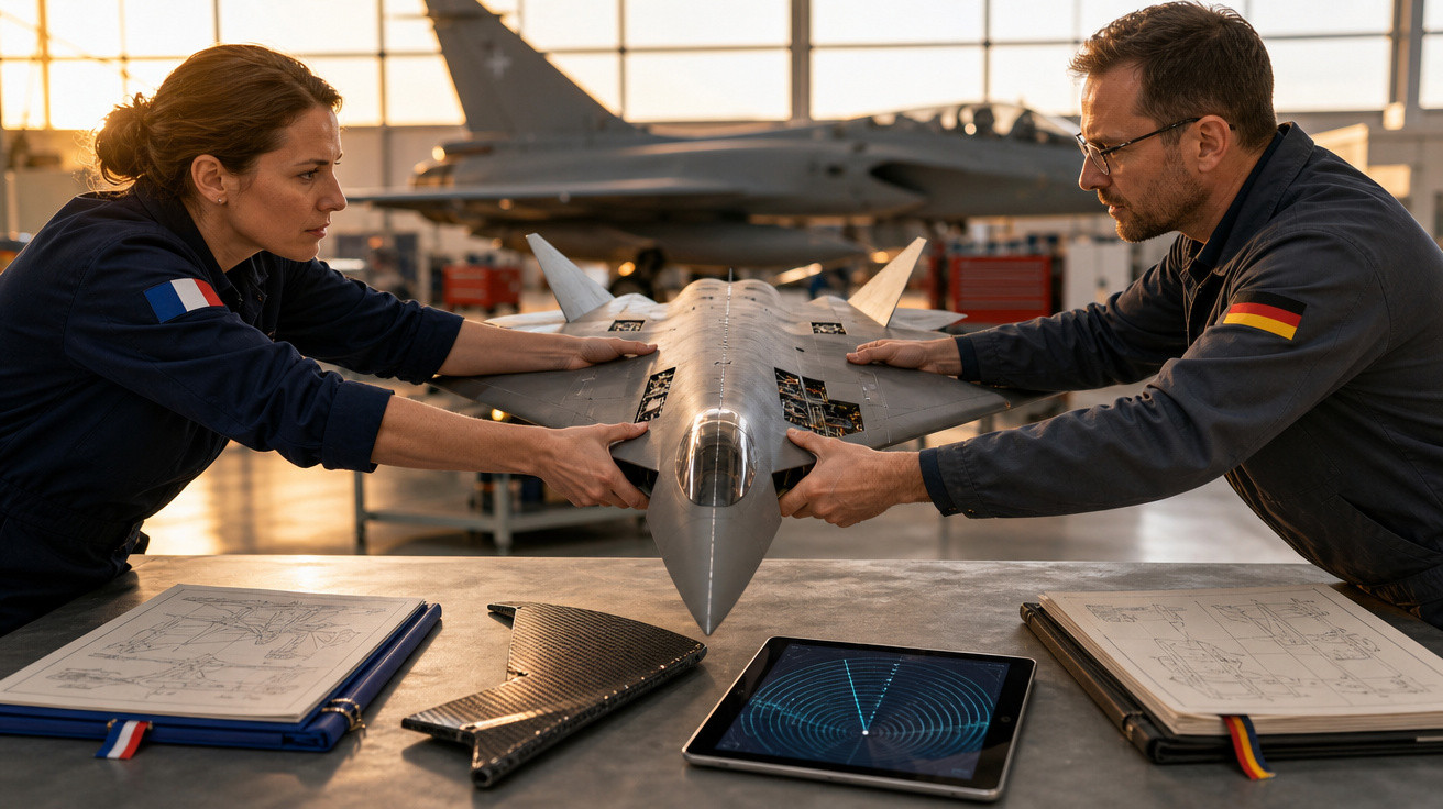 Dois engenheiros com uniformes da França e Alemanha ajustam modelo de avião em mesa com plantas e tablet.