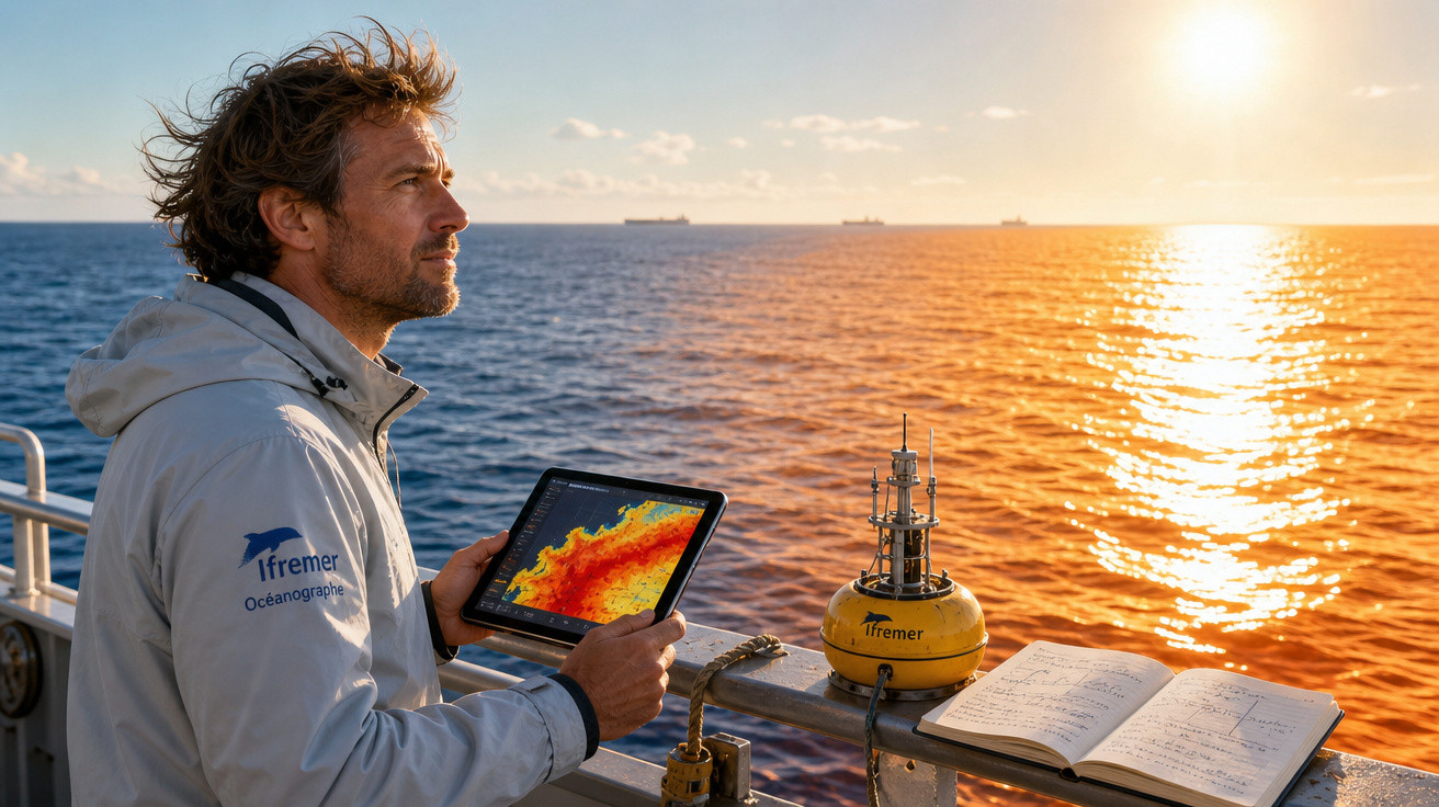 Homem com jaqueta da Ifremer segura tablet com mapa térmico do mar ao pôr do sol, em navio com caderno aberto.