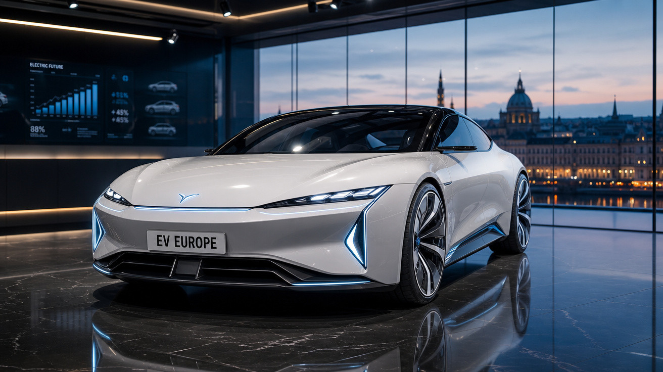 Carro elétrico branco com design futurista exibido em showroom com vista para cidade ao entardecer.
