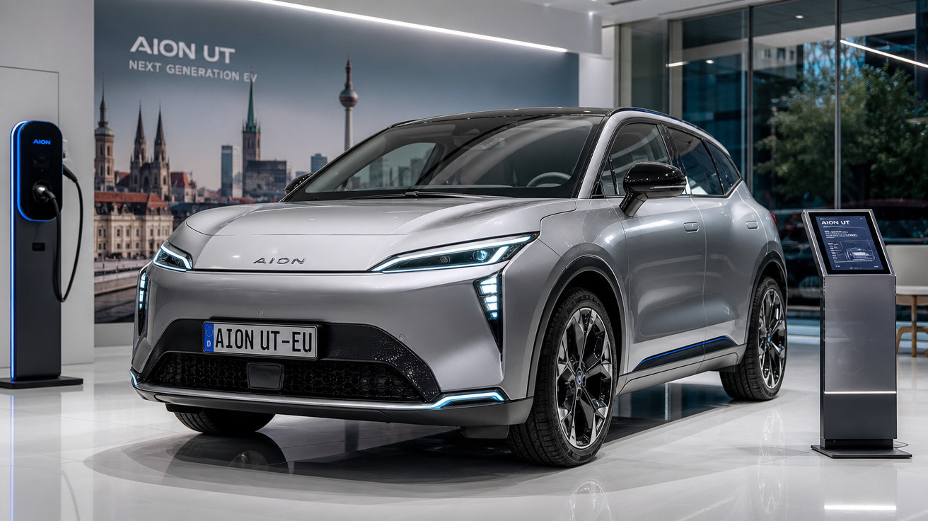Carro elétrico Aion UT cinza exposto em showroom moderno com estação de recarga ao lado.