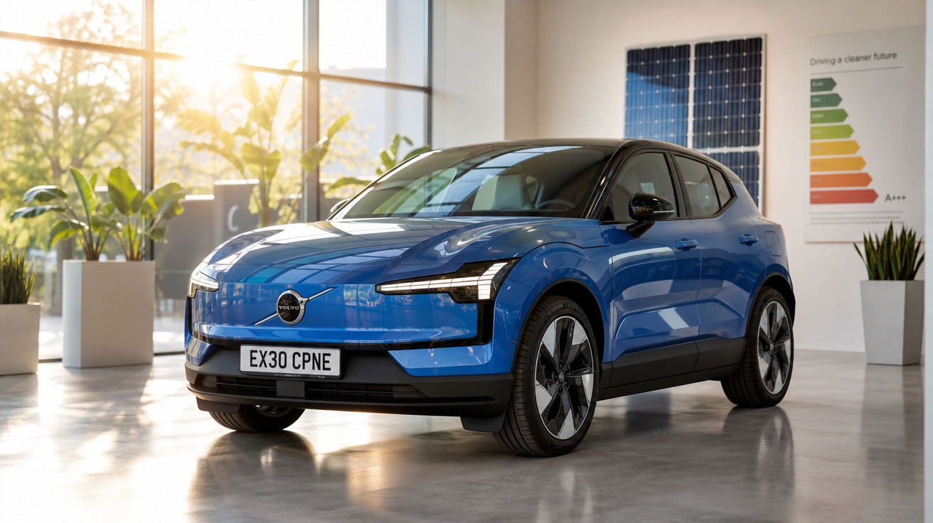 Carro elétrico Volvo azul EX30 CPNE em ambiente iluminado com painéis solares e plantas ao fundo.