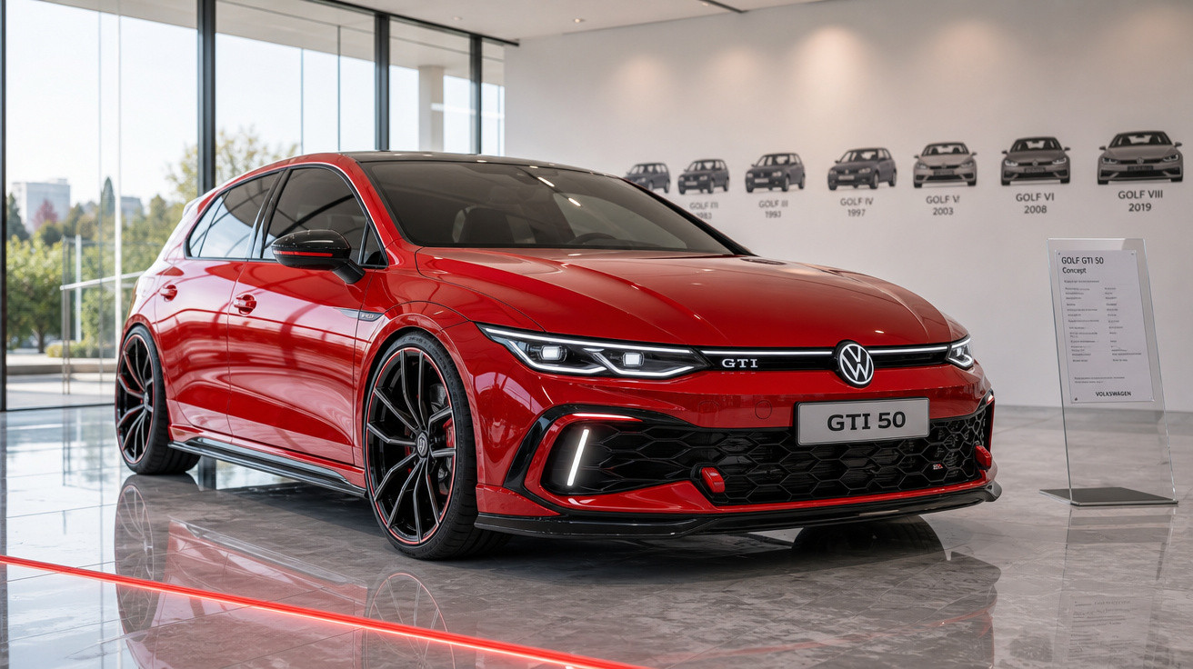 Carro esportivo vermelho Volkswagen GTI 50 expositor em sala moderna com parede mostrando evolução do modelo Golf.