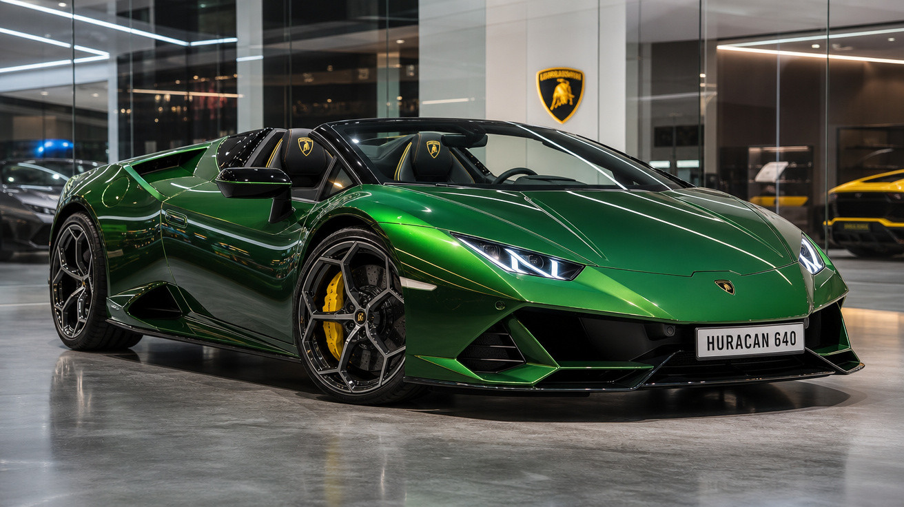Carro esportivo Lamborghini Huracán verde metálico com faróis acesos em showroom.