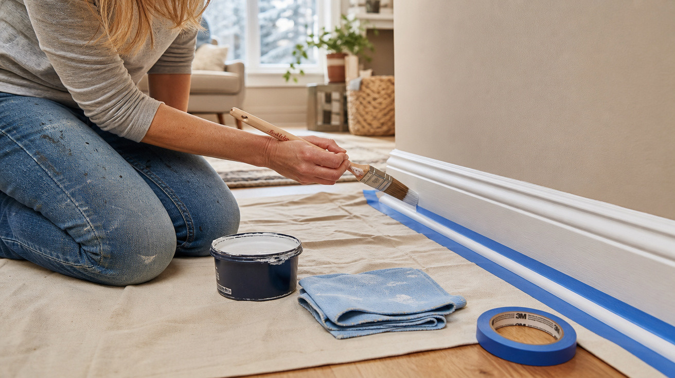 Pessoa pintando uma moldura de parede branca com pincel, ao lado de fita adesiva azul e pano azul.