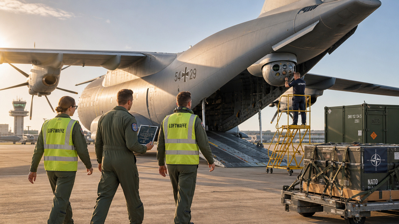 Pessoal militar alemão inspecionando avião de carga militar em plataforma de aeroporto ao pôr do sol.