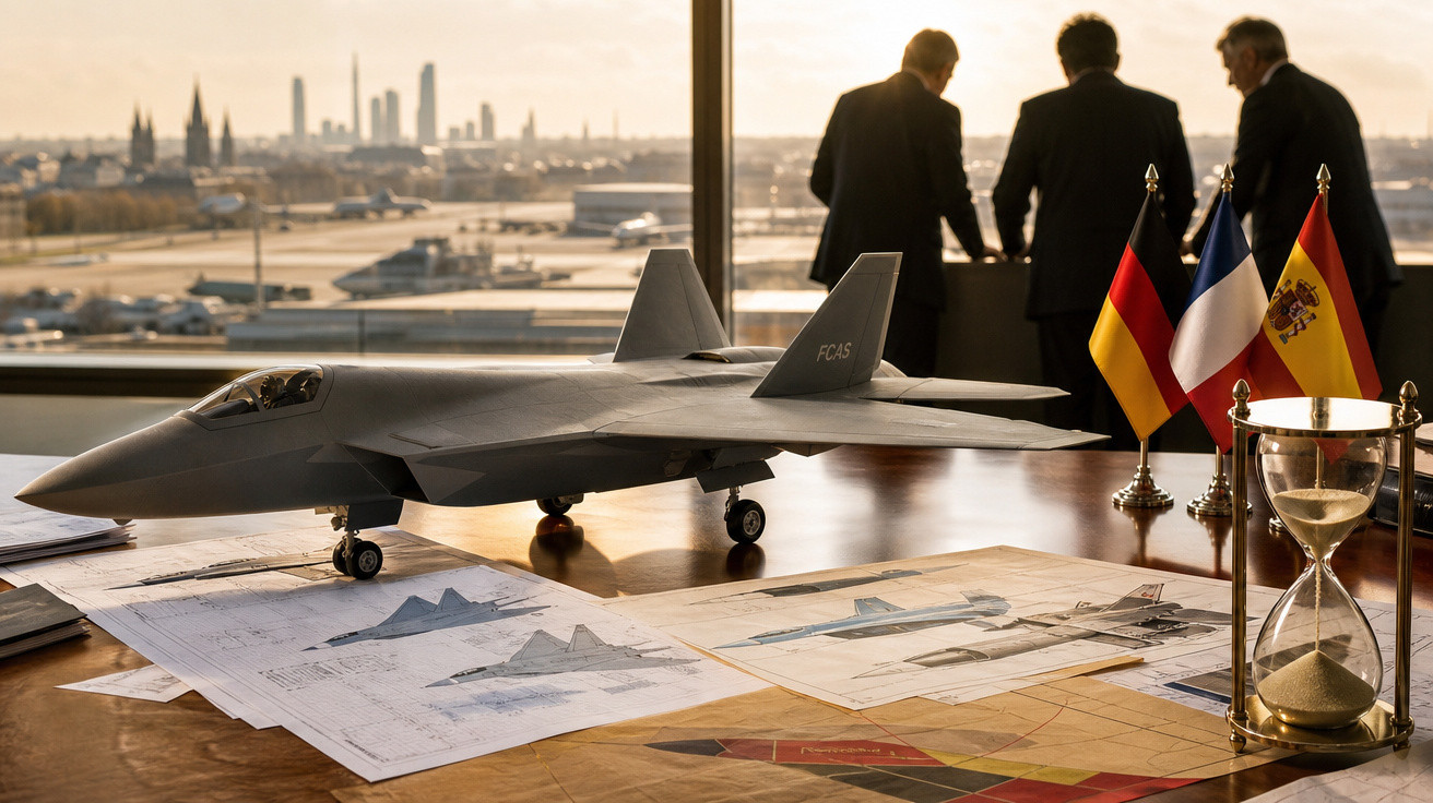 Modelo de avião militar em mesa com plantas, ampulheta e três homens conversando ao fundo, com bandeiras da Alemanha, França 