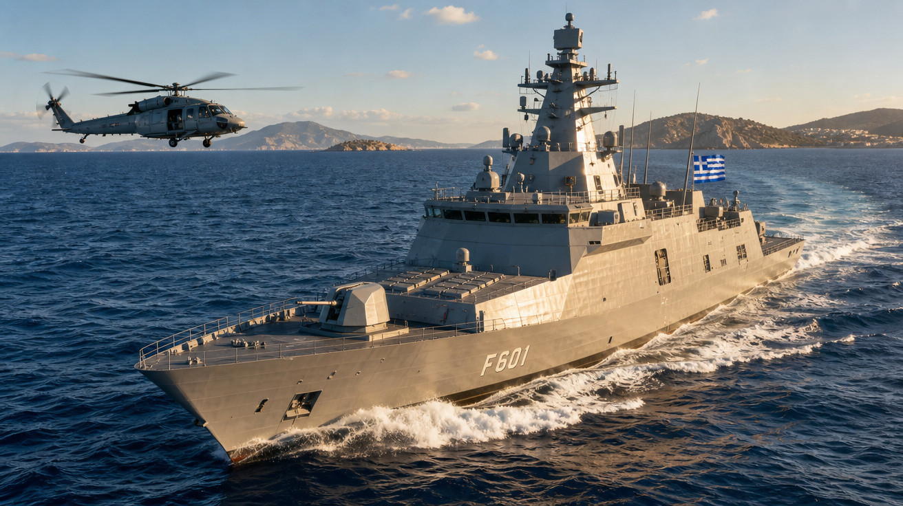 Fragata militar F601 navegando no mar com helicóptero voando ao seu lado e bandeira da Grécia hasteada.