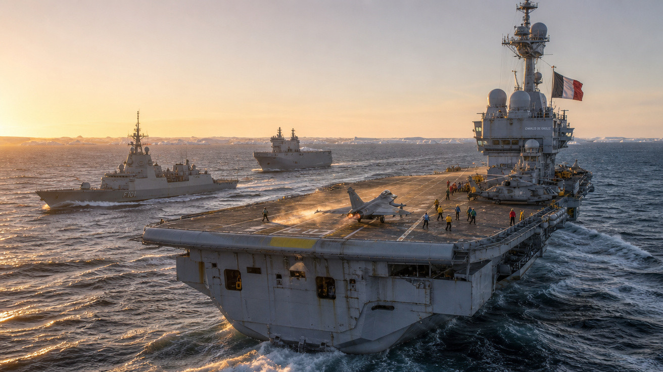 Porta-aviões francês navegando com outros navios de guerra ao pôr do sol no mar.