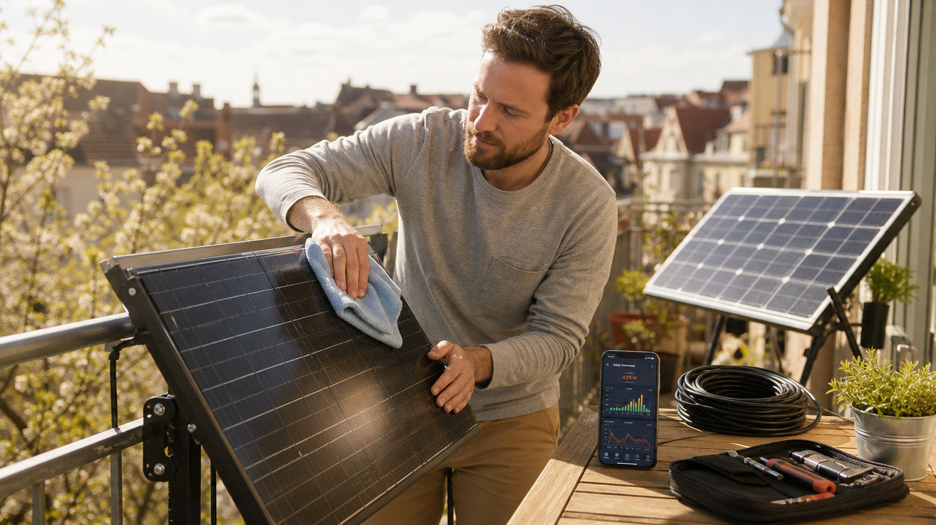 Homem limpa painel solar em varanda com aparelhos e celular mostrando dados de energia ao lado.