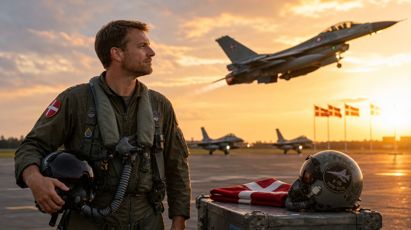 Piloto de caça dinamarquês segurando capacete enquanto jato F-16 decola ao pôr do sol.