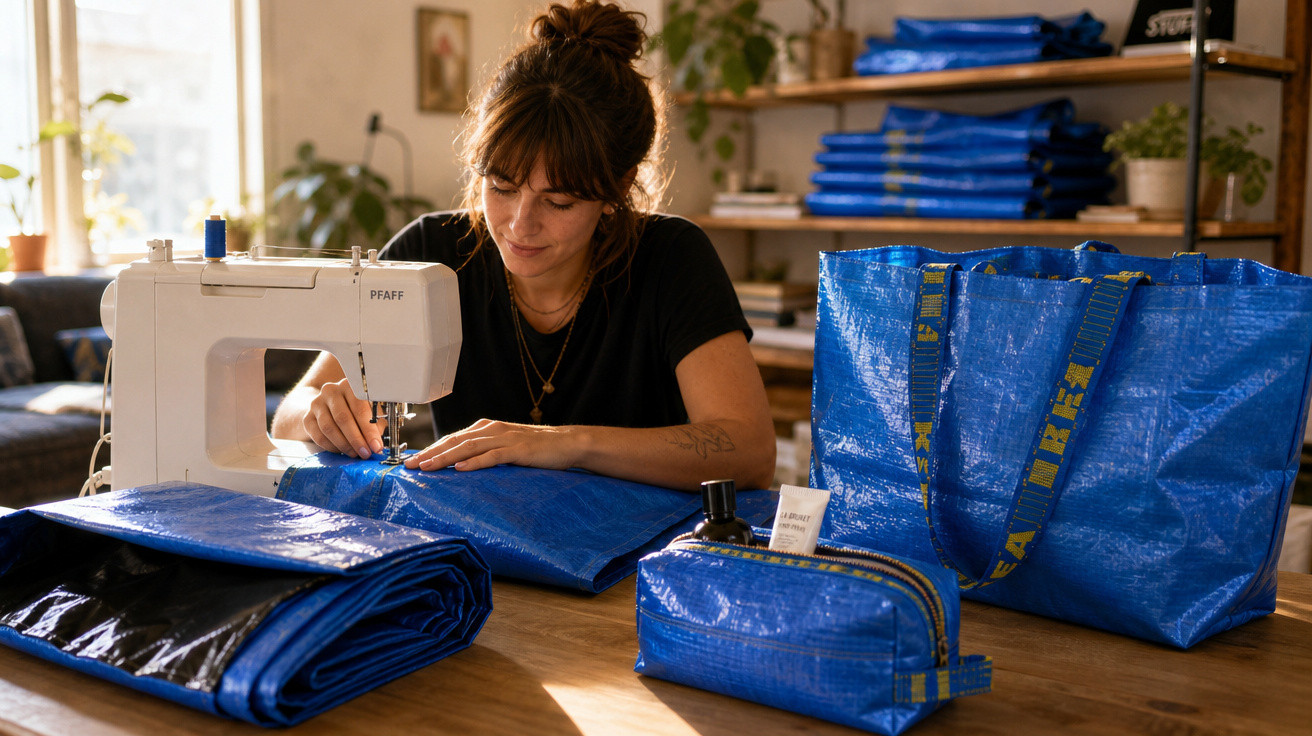 Mulher costurando tecido azul para criar bolsas e estojos semelhantes a sacolas IKEA em ambiente iluminado.