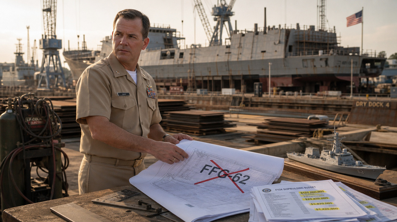 Homem em uniforme militar observa planta com código FFG-62 em estaleiro naval com navios e guindastes ao fundo.