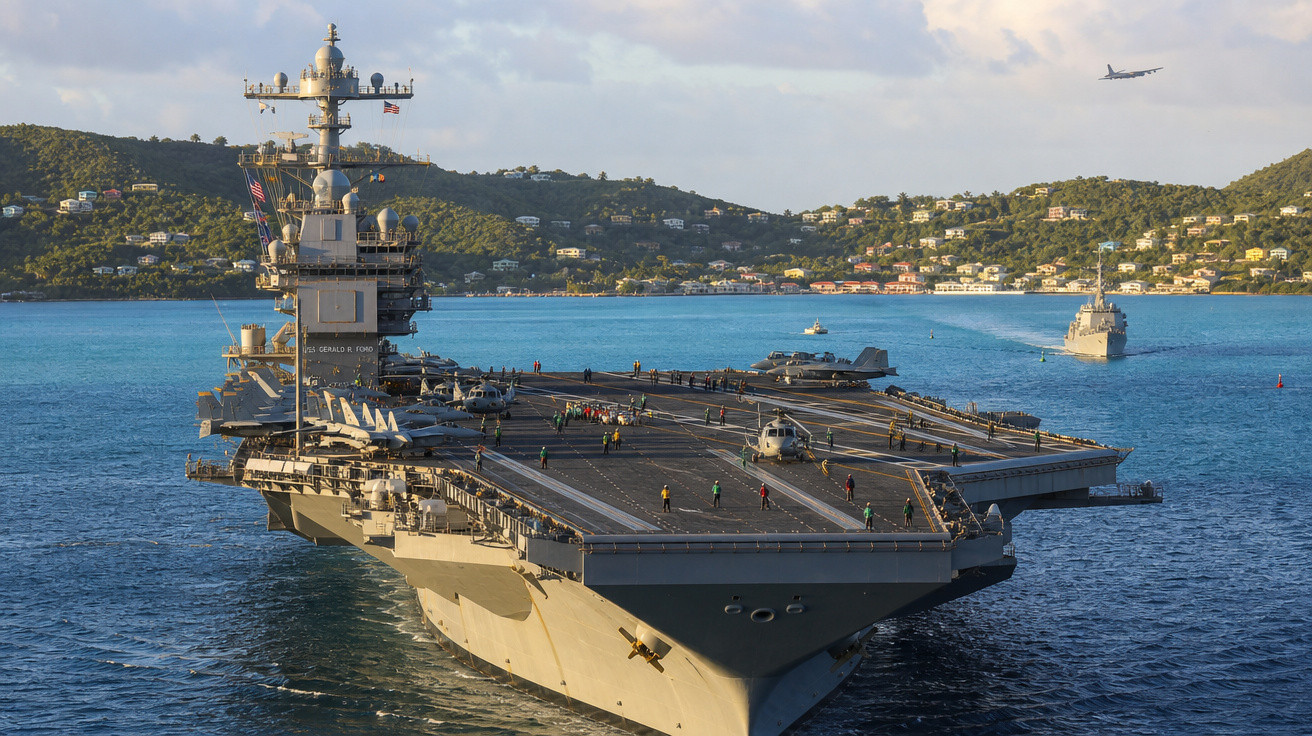 Porta-aviões militar com helicópteros e tripulação na pista, navio menor ao fundo e avião voando sobre o mar.