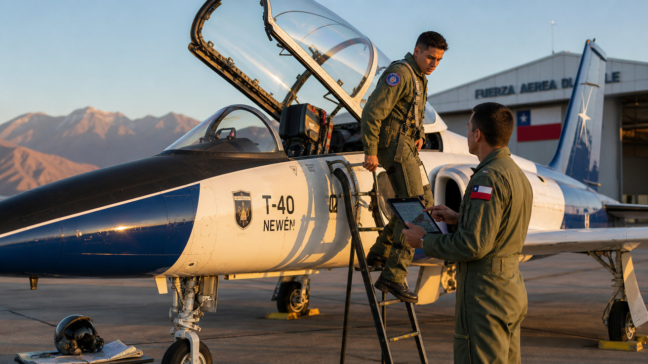 Dois militares em uniforme verde ejetam de um jato T-40 Newen no pôr do sol, com prédio e montanhas ao fundo.