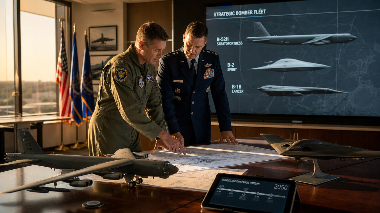 Dois militares analisando mapas em uma sala com modelos de aviões e tela com informações sobre frota de bombardeiros estratég