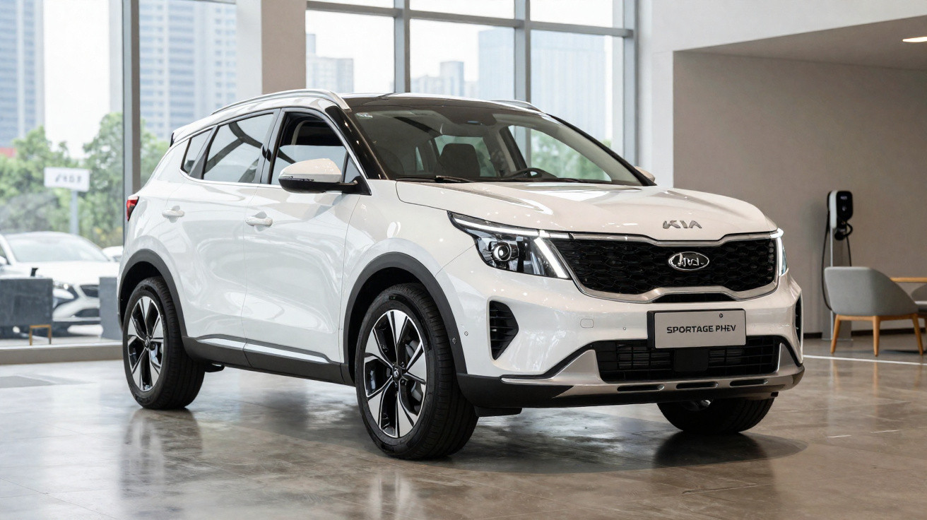 Carro SUV Kia Sportage PHEV branco estacionado em showroom moderno com grandes janelas.