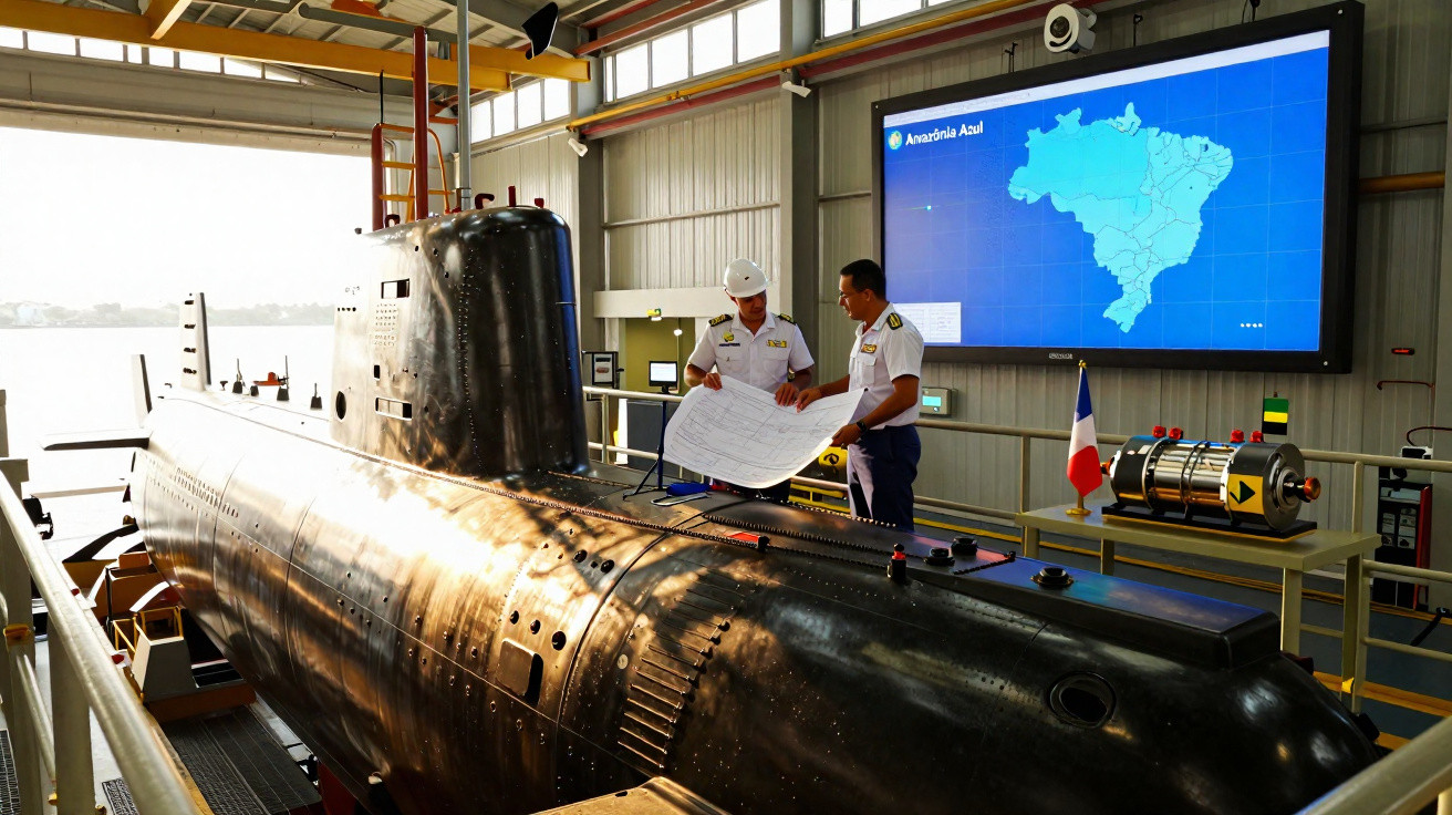 Dois oficiais em uniformes analisam plantas ao lado de submarino preto em galpão com tela mostrando mapa do Brasil.